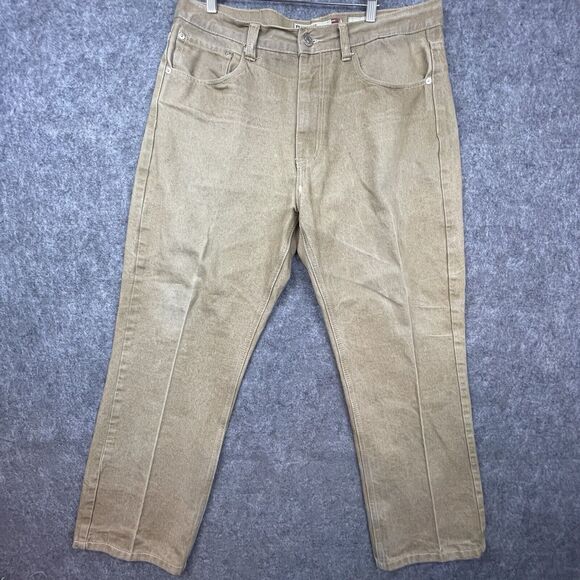 PJ Mark Jeans Mens 38 Khaki Straight Tan Denim Crease Workwear Utility Worn Fade - Picture 1 of 11